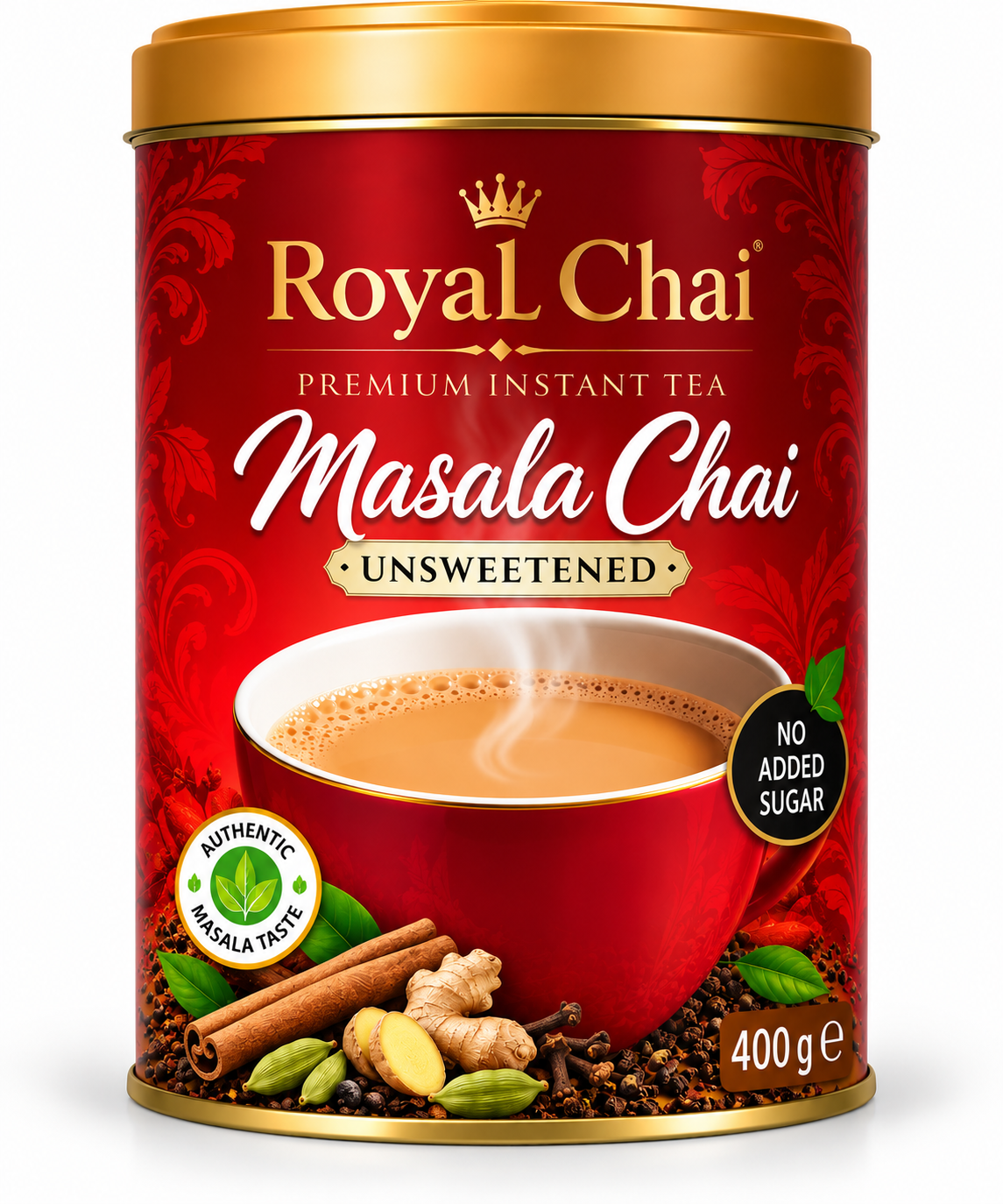 Royal Chai Masala Unsweetened 400g tea tub featuring red and gold packaging, a steaming cup of masala chai, cinnamon, cardamom and aromatic spices, with a no added sugar label.