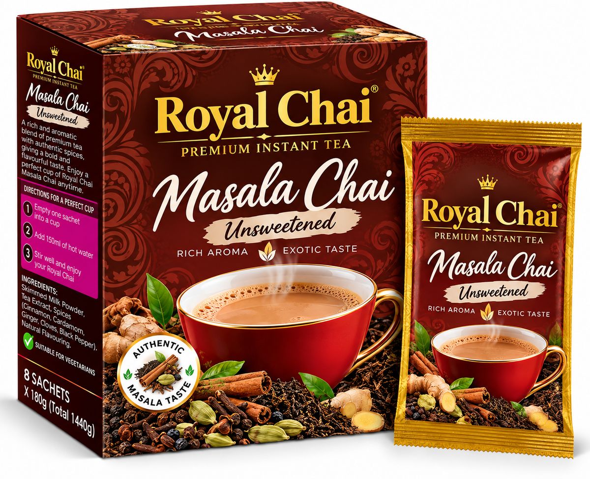 Royal Chai Masala Unsweetened Chai 8 x 180g featuring premium burgundy and gold packaging, a steaming cup of masala chai, cinnamon, cardamom, ginger and aromatic spices, with a matching golden sachet.