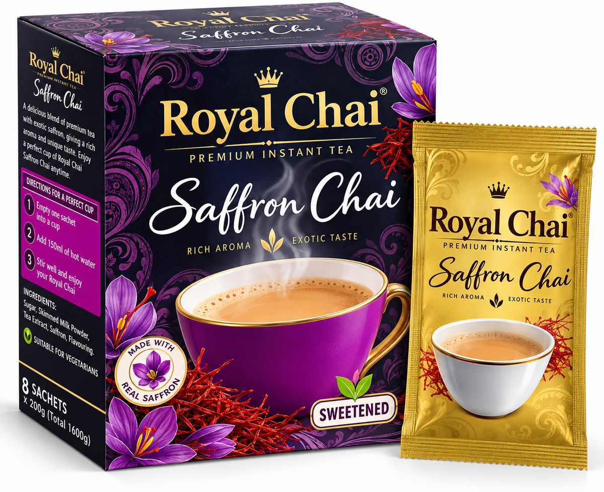 Royal Chai Saffron Sweetened Chai x200g featuring premium purple and gold packaging with saffron flowers, a steaming cup of chai, and matching golden sachet