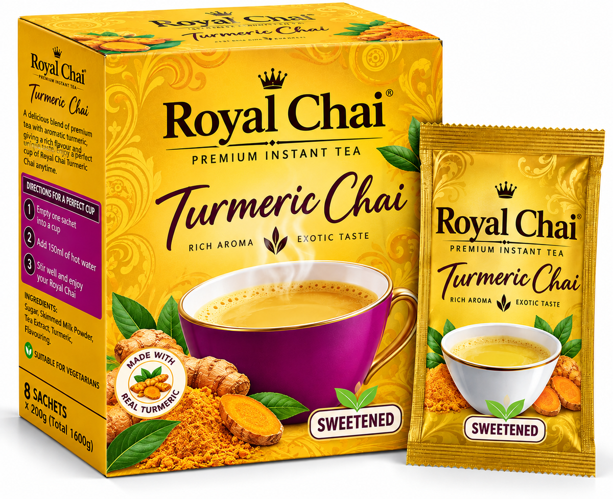 Royal Chai Turmeric Sweetened Chai 8 x 200g featuring golden-yellow packaging, a steaming cup of turmeric chai, fresh turmeric roots, turmeric powder, green leaves, and a matching golden sachet.