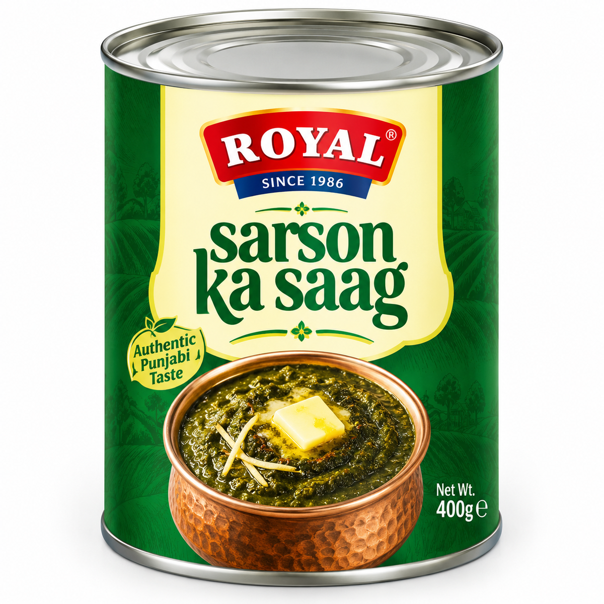Royal Punjab Sarson Ka Saag 400g tin featuring green and cream packaging, a silver metal lid, the Royal logo, an authentic Punjabi taste label, and an image of mustard greens topped with butter and ginger.