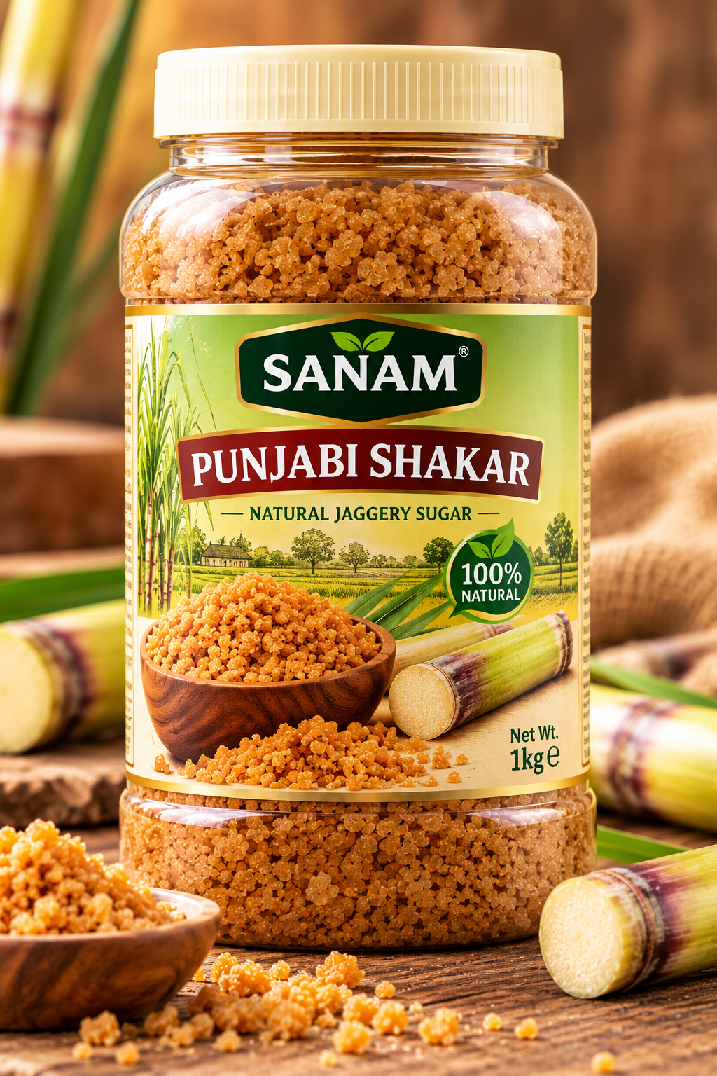 Sanam Punjabi Shakar 1kg jar featuring traditional Punjabi sugar crystals in a clear container with a golden lid and a Sanam label with natural sugar imagery.