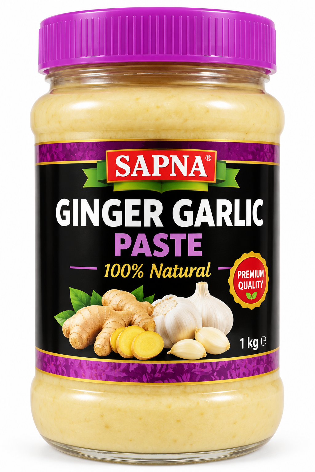 Sapna Ginger Garlic Paste 1kg jar with a purple lid and black-and-purple label, featuring fresh ginger roots, garlic bulbs and cloves, ideal for preparing curries, marinades and Indian dishes.