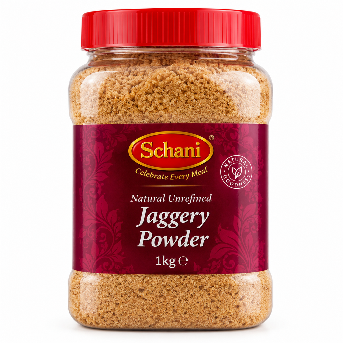 Schani Shakar natural unrefined jaggery powder in a clear 1kg jar with a red lid and maroon label, showing golden-brown jaggery granules.