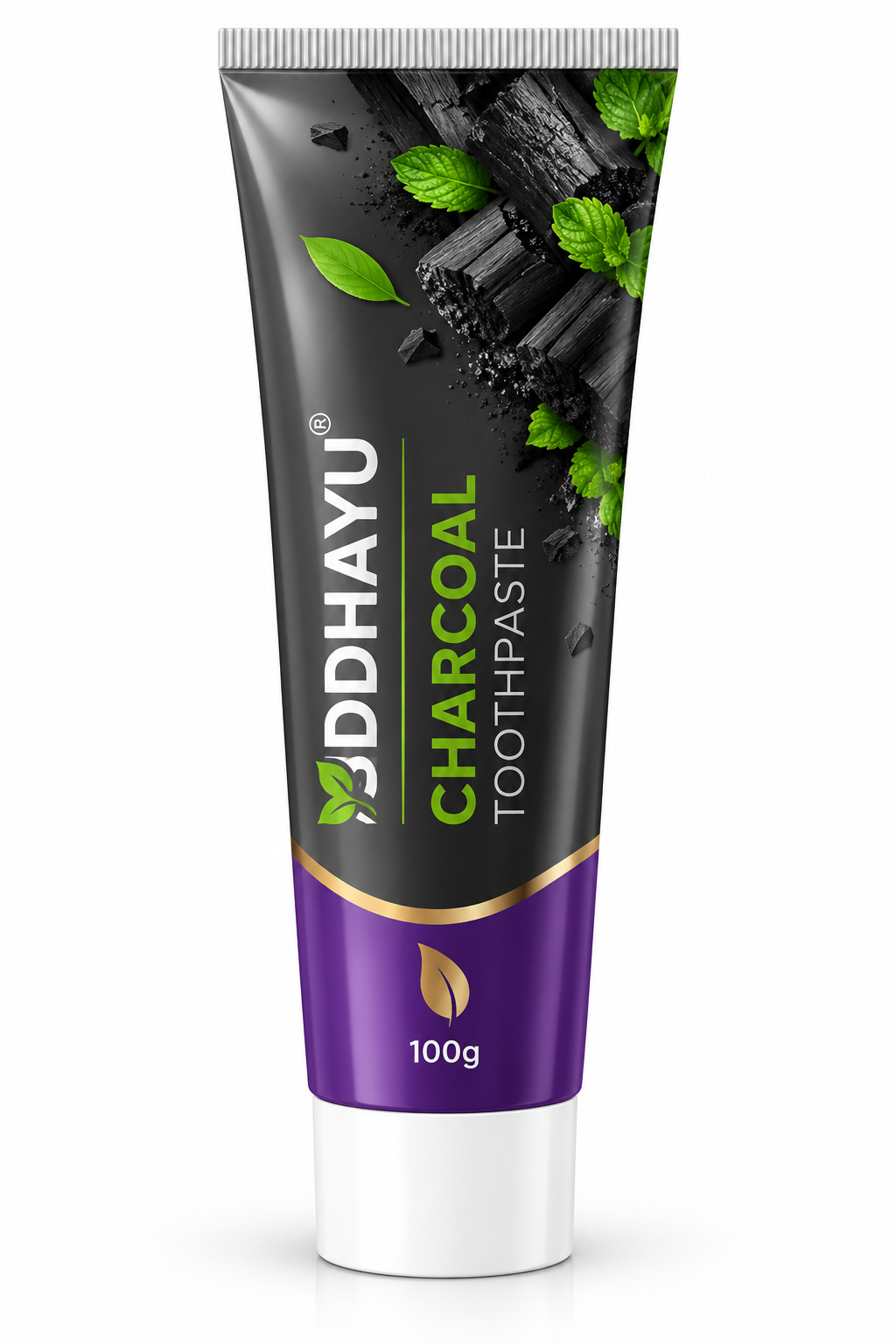 Siddhayu Miswak Toothpaste 100g in a white and purple tube with green branding, natural miswak sticks, fresh green leaves and botanical illustrations.