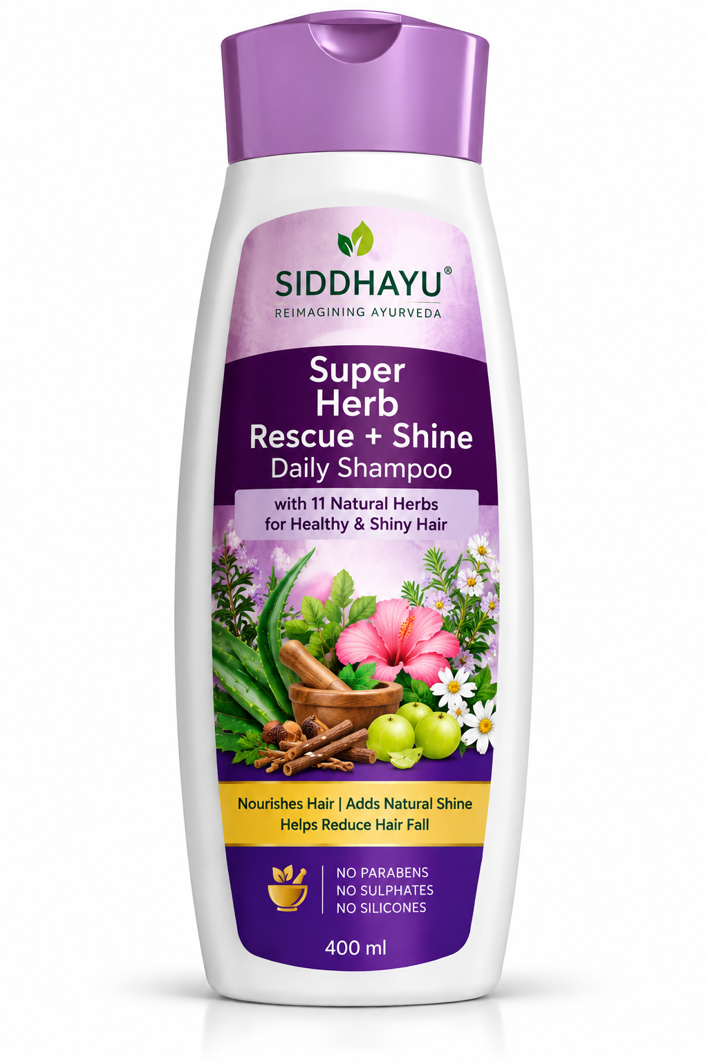 Siddhayu Super Herb Rescue + Shine Daily Shampoo 400ml in a white bottle with a purple cap, featuring amla, aloe vera, flowers and natural herbal ingredients on the label.