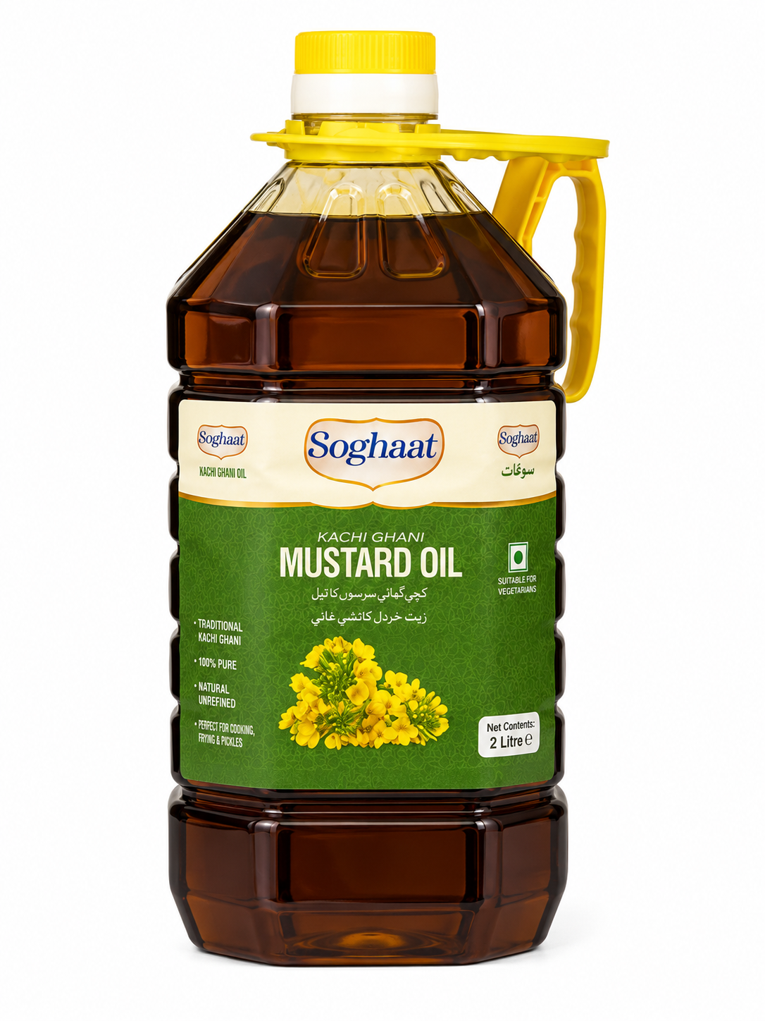 A 2.38L plastic bottle of Soghaat Kachi Ghani Mustard Oil with a yellow cap and handle, featuring a green and white label with a mustard flower illustration, on a white background.
