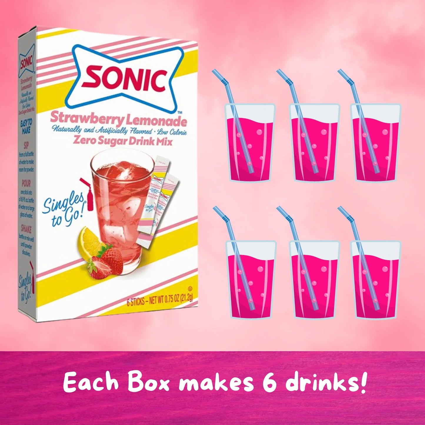 Sonic Zero Sugar Strawberry Lemonade Singles To Go drink mix, 0.75 oz (21.2 g) single-serve packet.