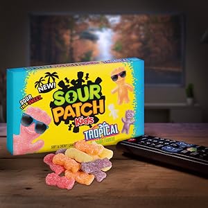 Close-up Sour Patch Kids Tropical gummies – colourful chewy sour-then-sweet pieces in pineapple, mango, and passion fruit flavours
