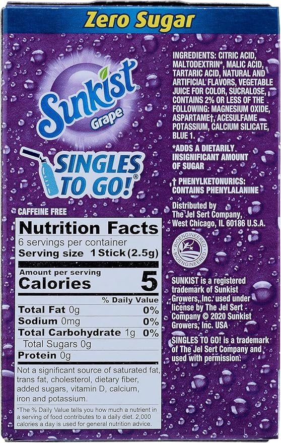 Sunkist Grape Zero Sugar Singles To Go drink mix, 0.58 oz (16.5 g) single-serve packet.