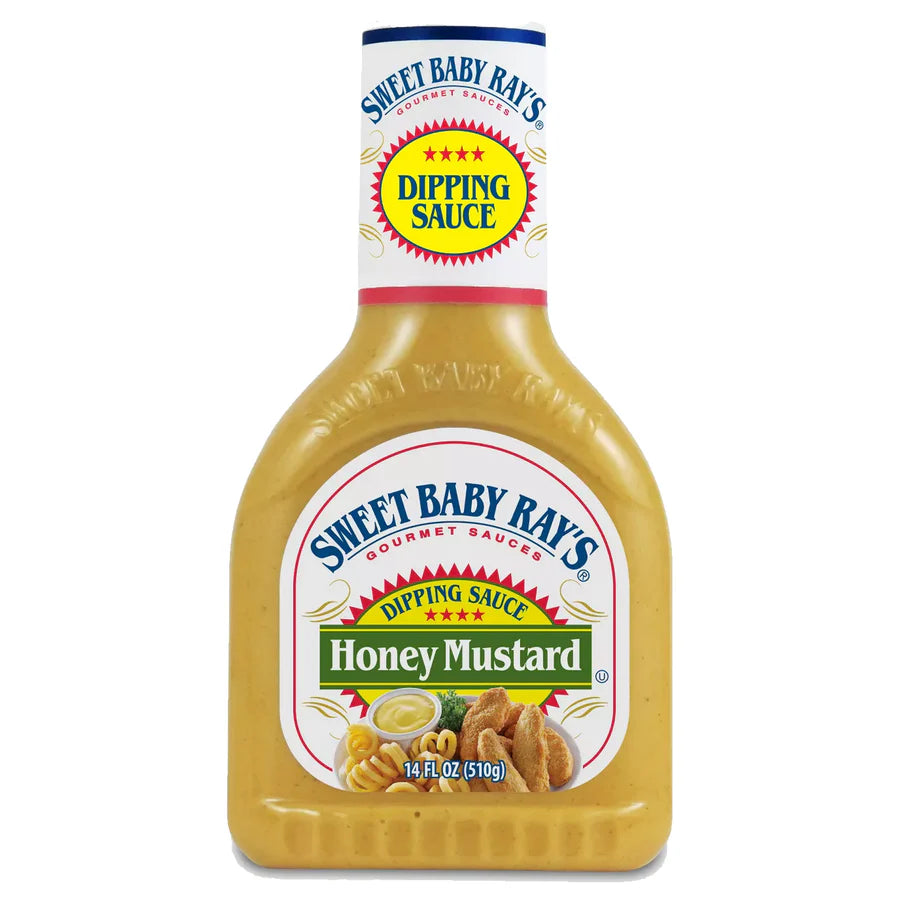 Sweet Baby Ray’s Honey Mustard Dipping Sauce bottle, creamy golden honey-mustard sauce for dipping or spreading.