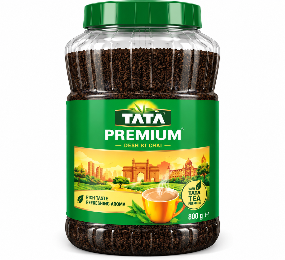 Tata Premium Tea 800g jar with a transparent container filled with black tea granules, a green lid and green-and-gold label featuring a steaming cup of tea.