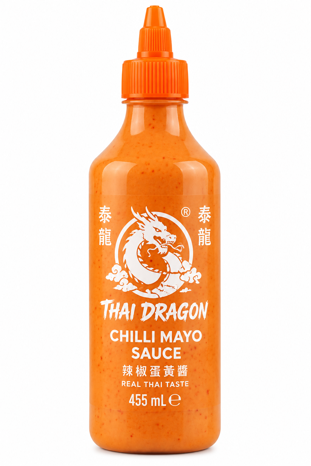 Thai Dragon Chilli Mayo Sauce 455ml in an orange squeeze bottle with a pointed nozzle and white dragon branding, ideal for adding creamy chilli flavour to meals.
