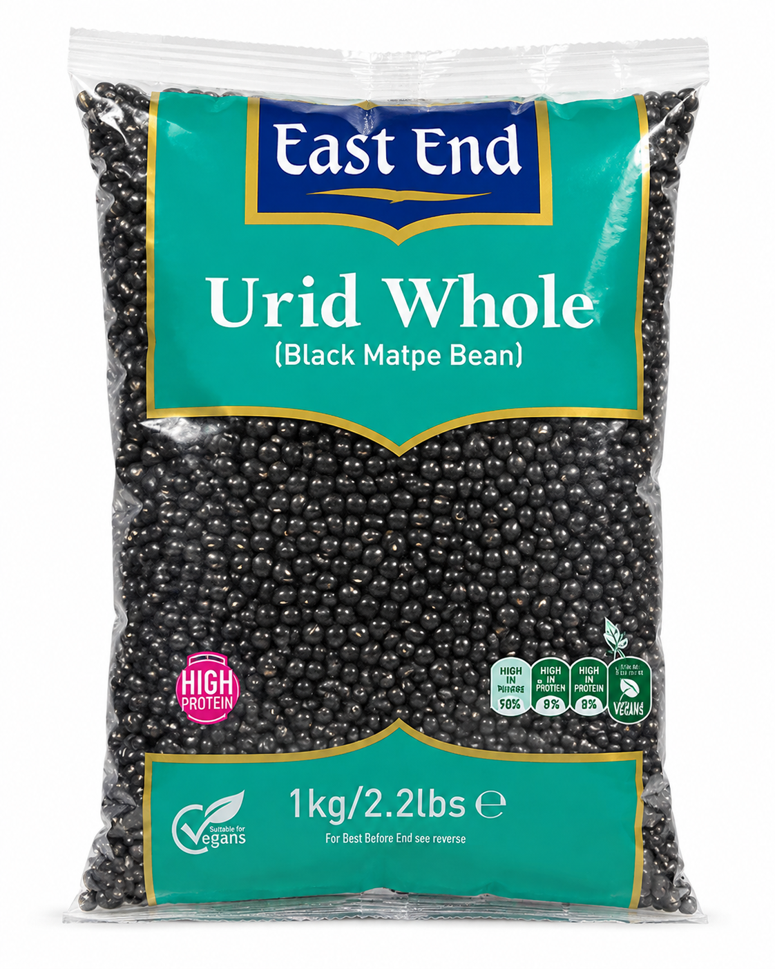 A 1kg bag of East End Urid Whole (Black Matpe Bean) in a clear plastic bag with a teal and blue label, showing the dark black beans inside.