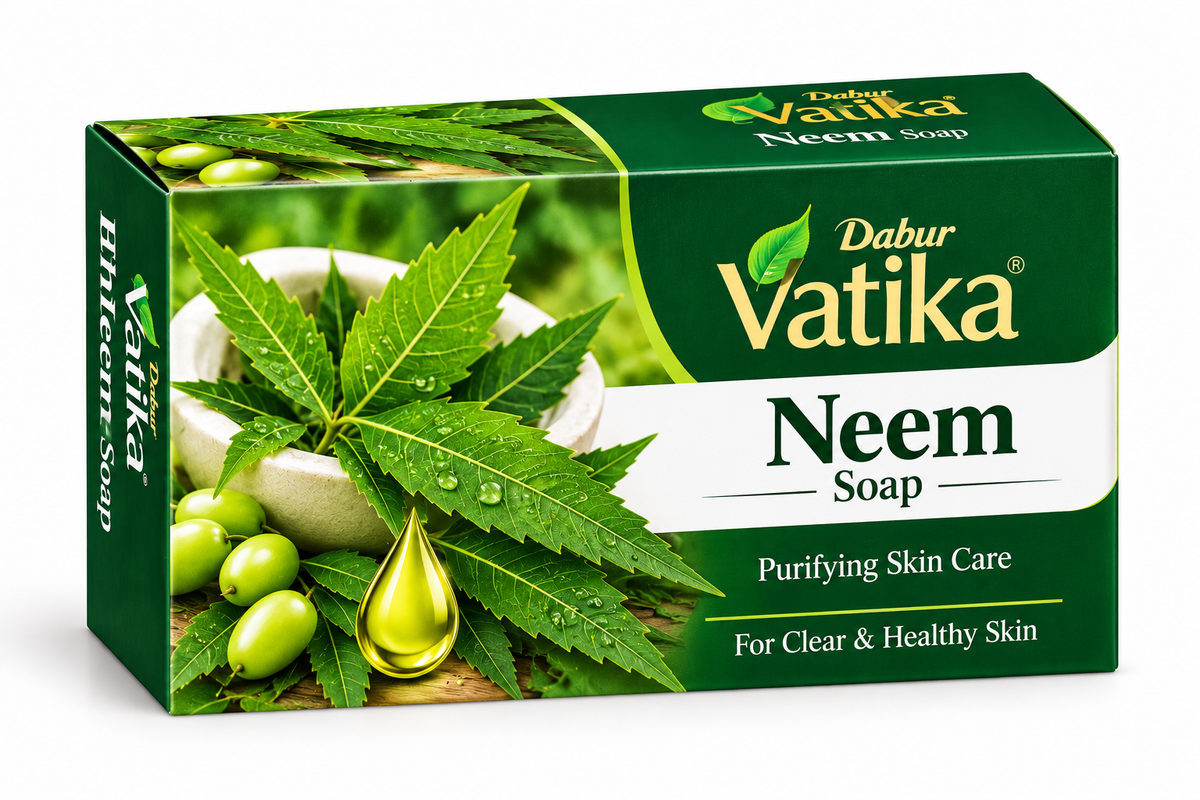 Dabur Vatika Neem Soap 100g in green and cream packaging, featuring fresh neem leaves, green fruits and botanical illustrations.