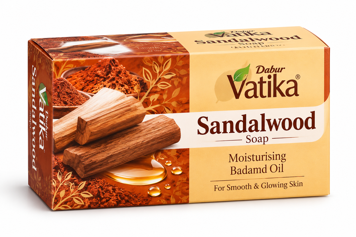 Dabur Vatika Sandalwood Soap 100g in brown and cream packaging, featuring sandalwood sticks, sandalwood powder and moisturising oil.