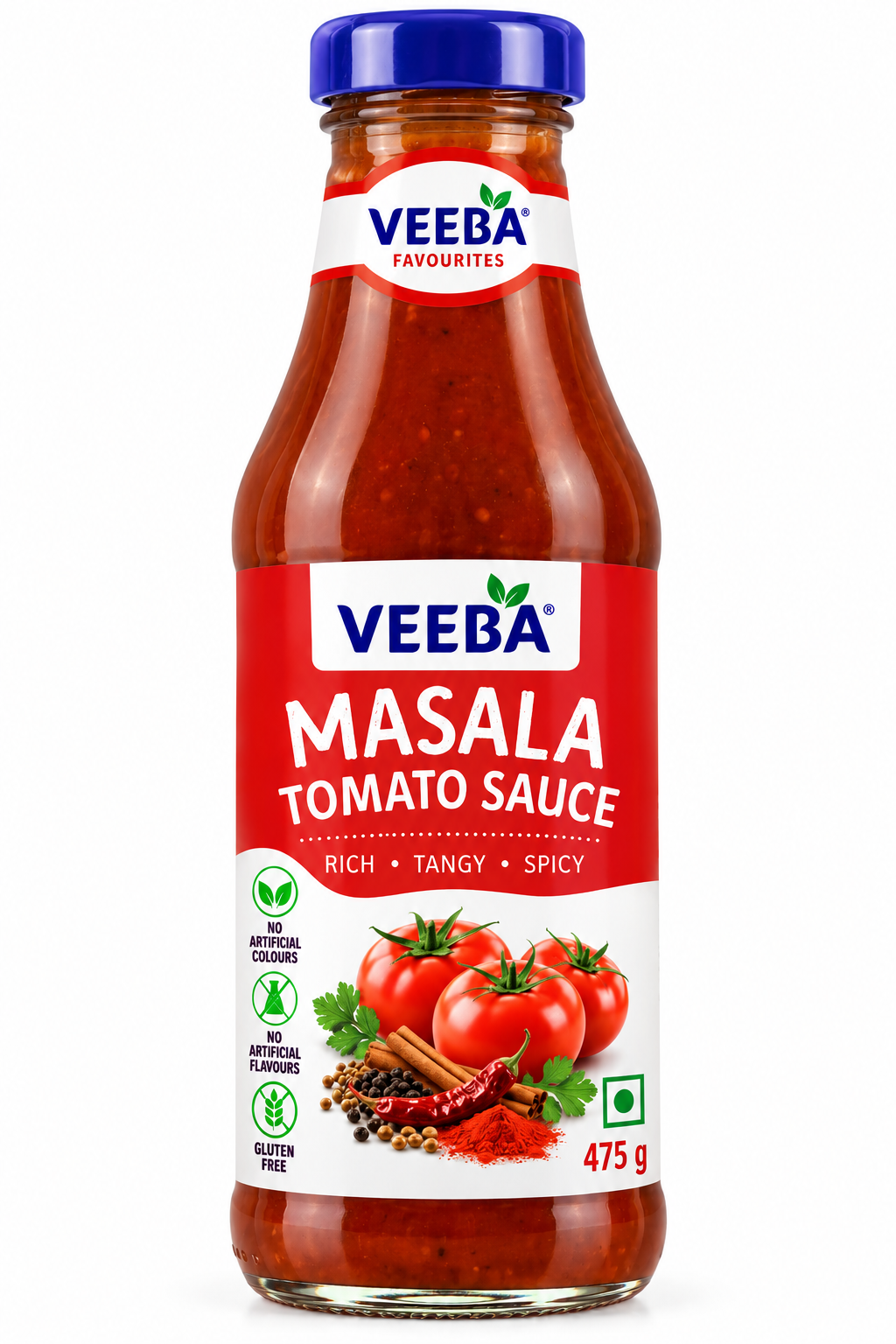 Veeba Masala Tomato Sauce 475g glass bottle with a blue cap and red-and-white label, featuring fresh tomatoes, red chillies and aromatic spices.