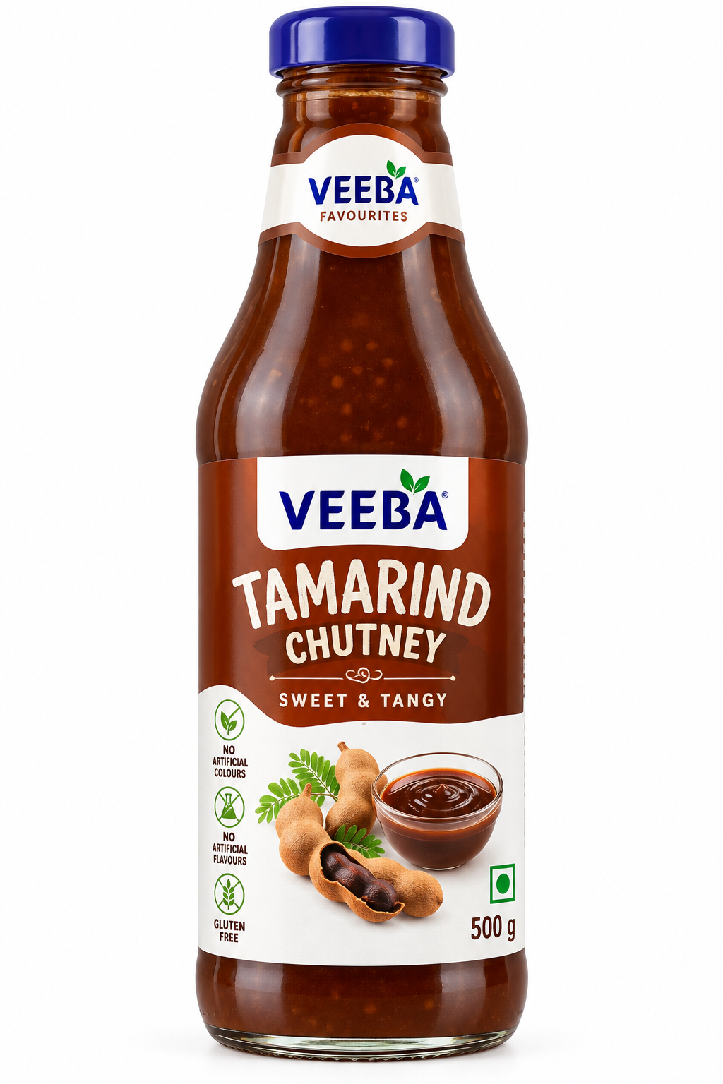 Veeba Tamarind Chutney 500g bottle with a blue cap and brown-and-white label, featuring tamarind pods, green leaves and a bowl of sweet and tangy chutney.