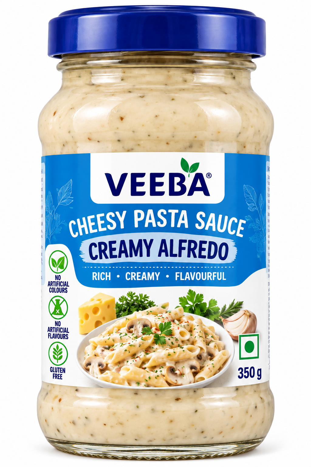 Veeba Cheesy Pasta Sauce Creamy Alfredo 350g glass jar with a blue lid and blue-and-white label, featuring creamy Alfredo pasta, cheese, mushrooms and fresh herbs.