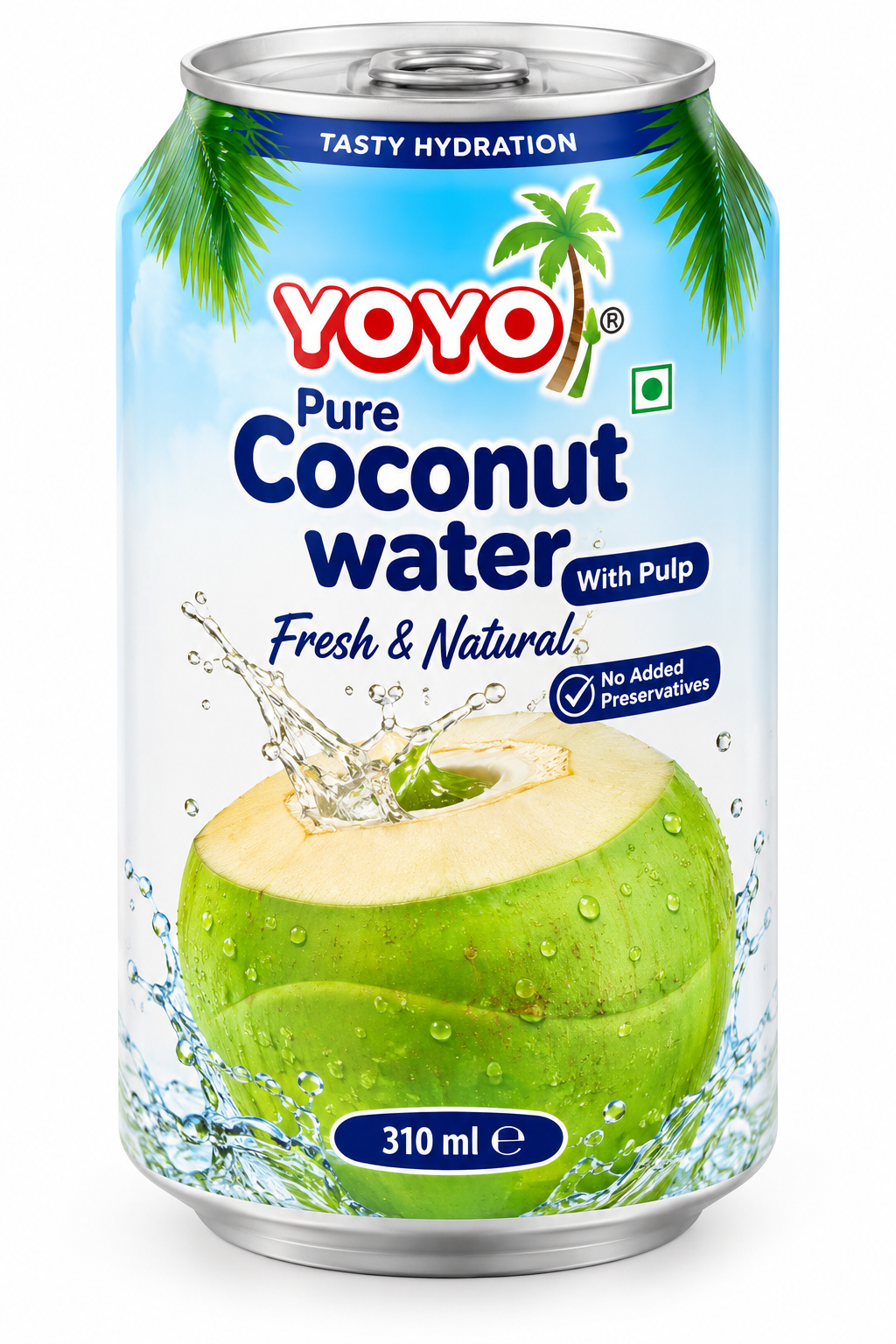 YOYO Pure Coconut Water with Pulp 310ml can featuring blue, white and green tropical packaging, a fresh coconut illustration and palm leaves.