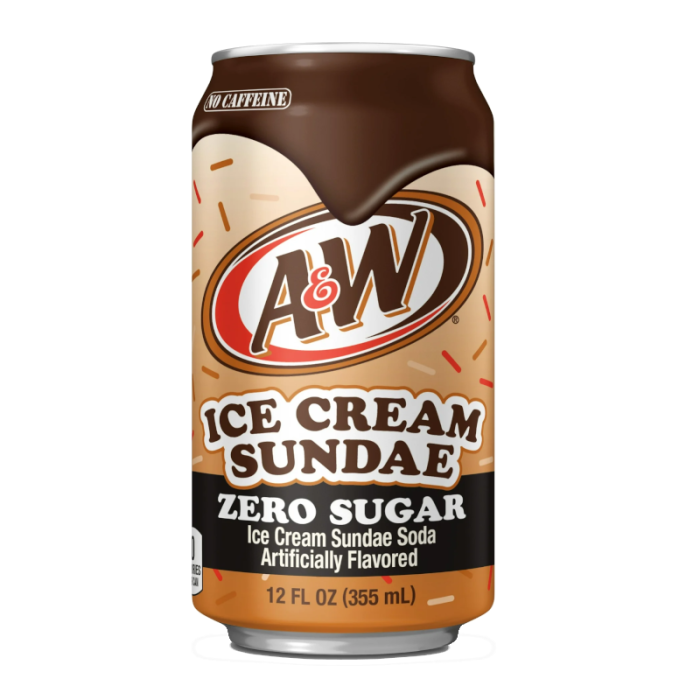 A&W Ice Cream Sundae Zero 12 oz can, sugar-free and caffeine-free soda with creamy vanilla and chocolate sundae flavor.