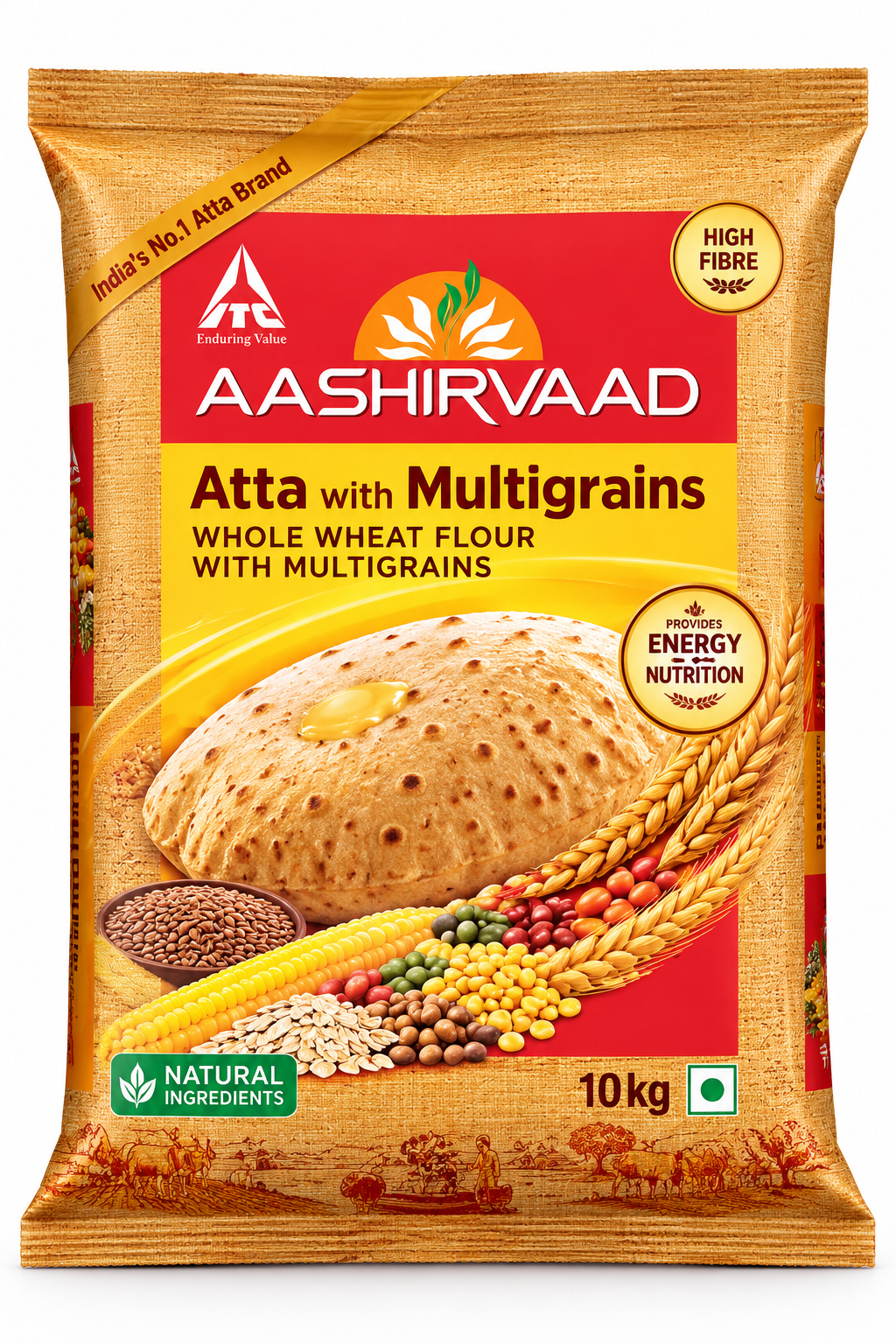 Aashirvaad Atta with Multigrains 10kg bag featuring tan textured packaging, red and yellow branding, a picture of Indian chapati, wheat and multigrain ingredients, and the Aashirvaad logo, displayed upright against a clean white background.