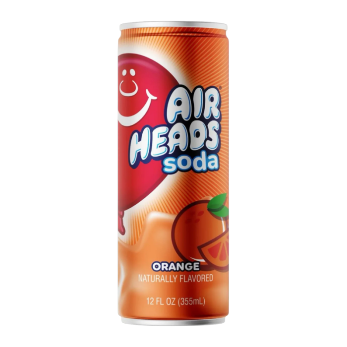 Airheads Soda Orange 355ml bottle – a vibrant, citrusy soda inspired by the classic Airheads candy.