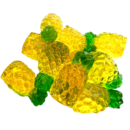 Amos 4D Fruit Gummy Pineapple Burst bag showing 3D pineapple-shaped gummies with soft chewy texture and juicy pineapple-flavored center.