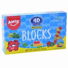 Colourful Amos 4D Gummy Blocks showing soft chewy texture and stackable block shapes