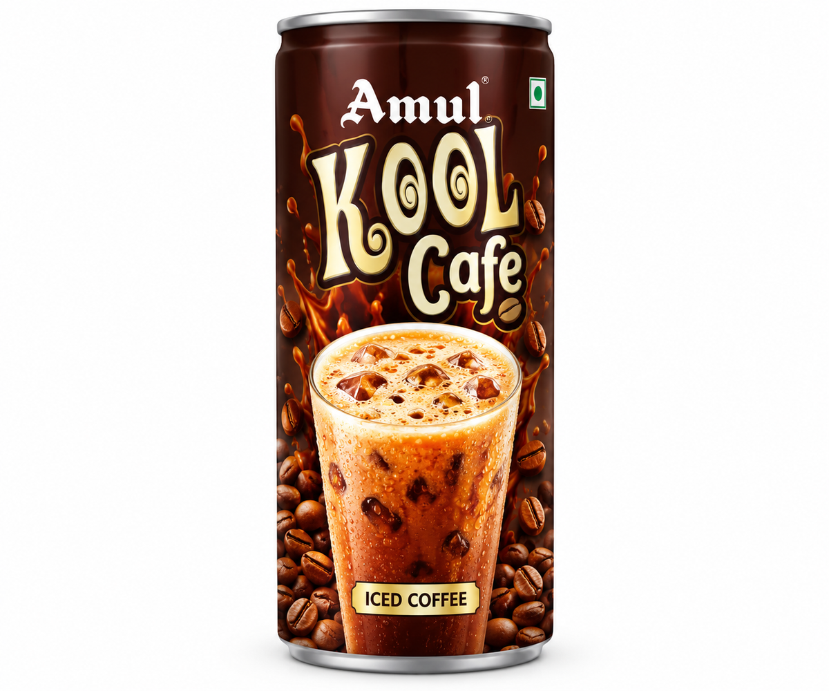 Amul Kool Cafe Iced Coffee 200ml can featuring dark brown packaging, gold and cream branding, a creamy iced coffee drink and roasted coffee beans.