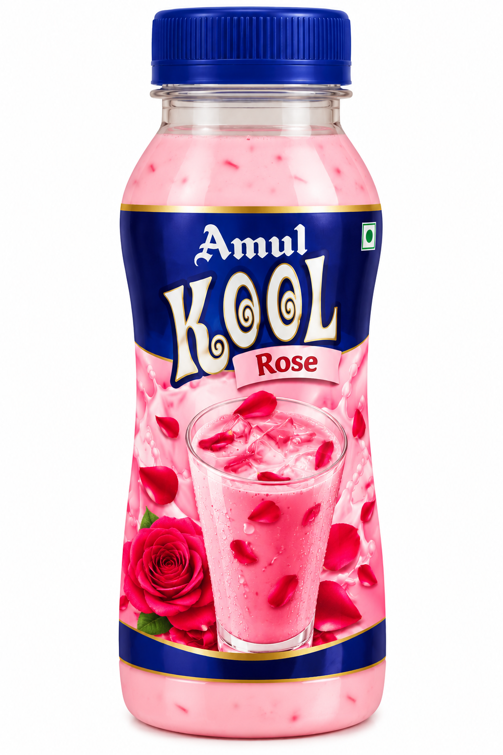 Amul Kool Rose Flavour 180ml bottle featuring a blue cap, navy and pink label, creamy pink rose milk, fresh red rose petals, and rose flower graphics.