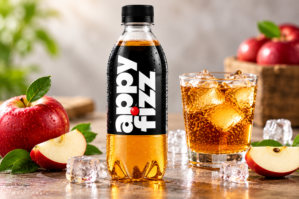 Appy Fizz fizzy apple drink bottle served with a glass of chilled sparkling beverage, fresh apples and ice.