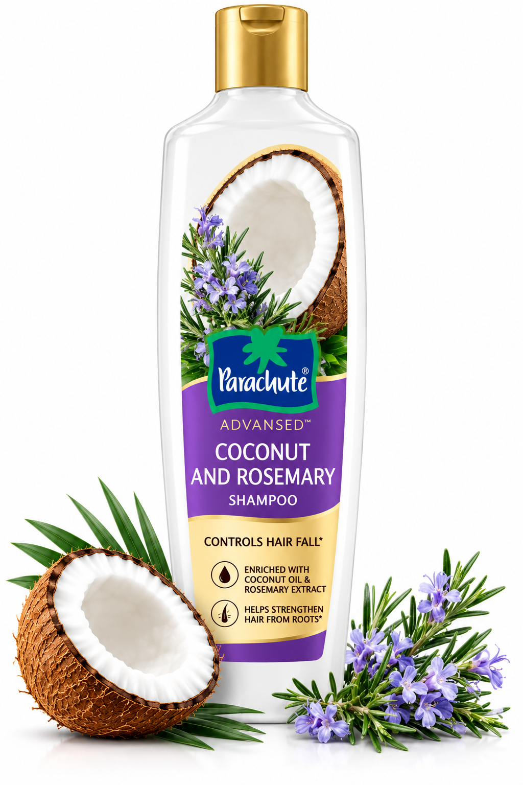Parachute Advansed Coconut and Rosemary Shampoo 340ml featuring a white bottle with a gold cap and purple-and-gold label, alongside fresh coconut, green rosemary leaves, and purple rosemary flowers.