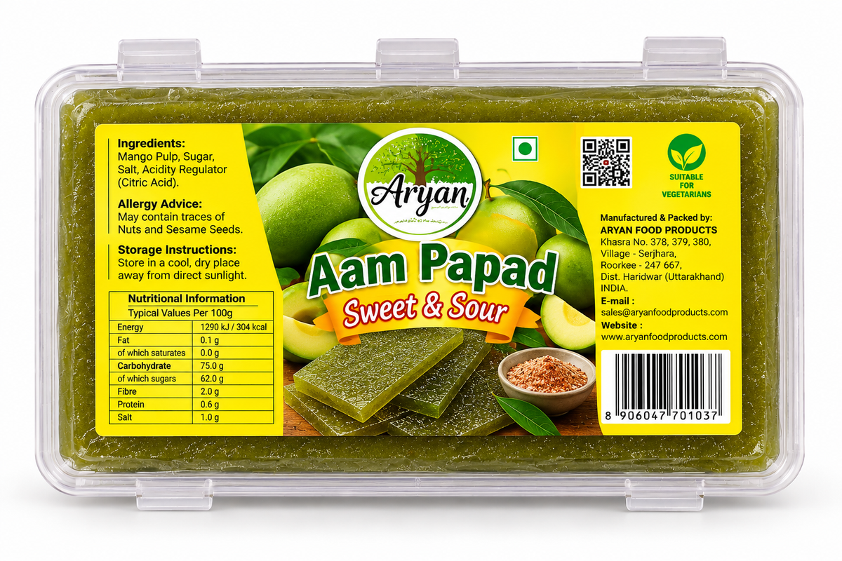 Aryan Aam Papad Sweet and Sour 200g pack featuring clear plastic packaging, green mango fruit leather, yellow and green label, Aryan branding, and fresh green mango illustrations.