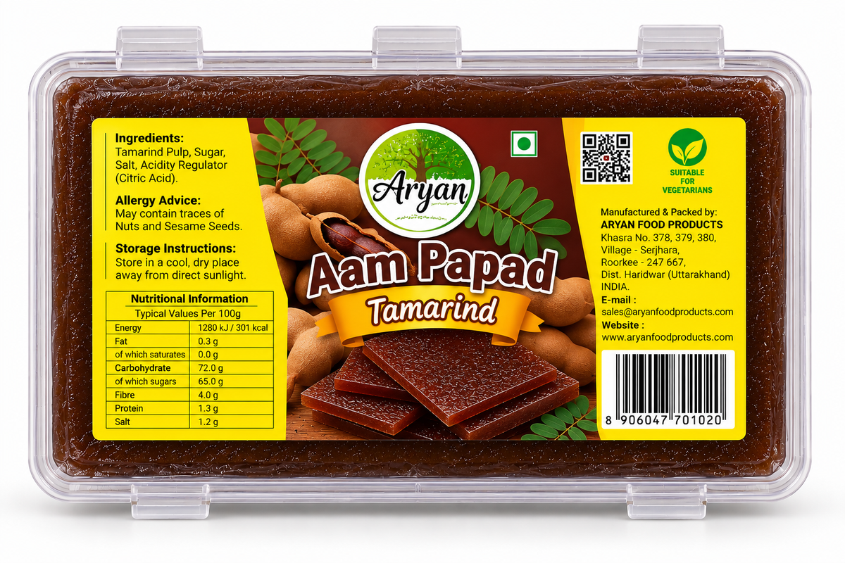 Aryan Aam Papad Tamarind 200g pack featuring clear plastic packaging, dark brown tamarind fruit leather, yellow and brown label, Aryan branding, and tamarind pod illustrations.