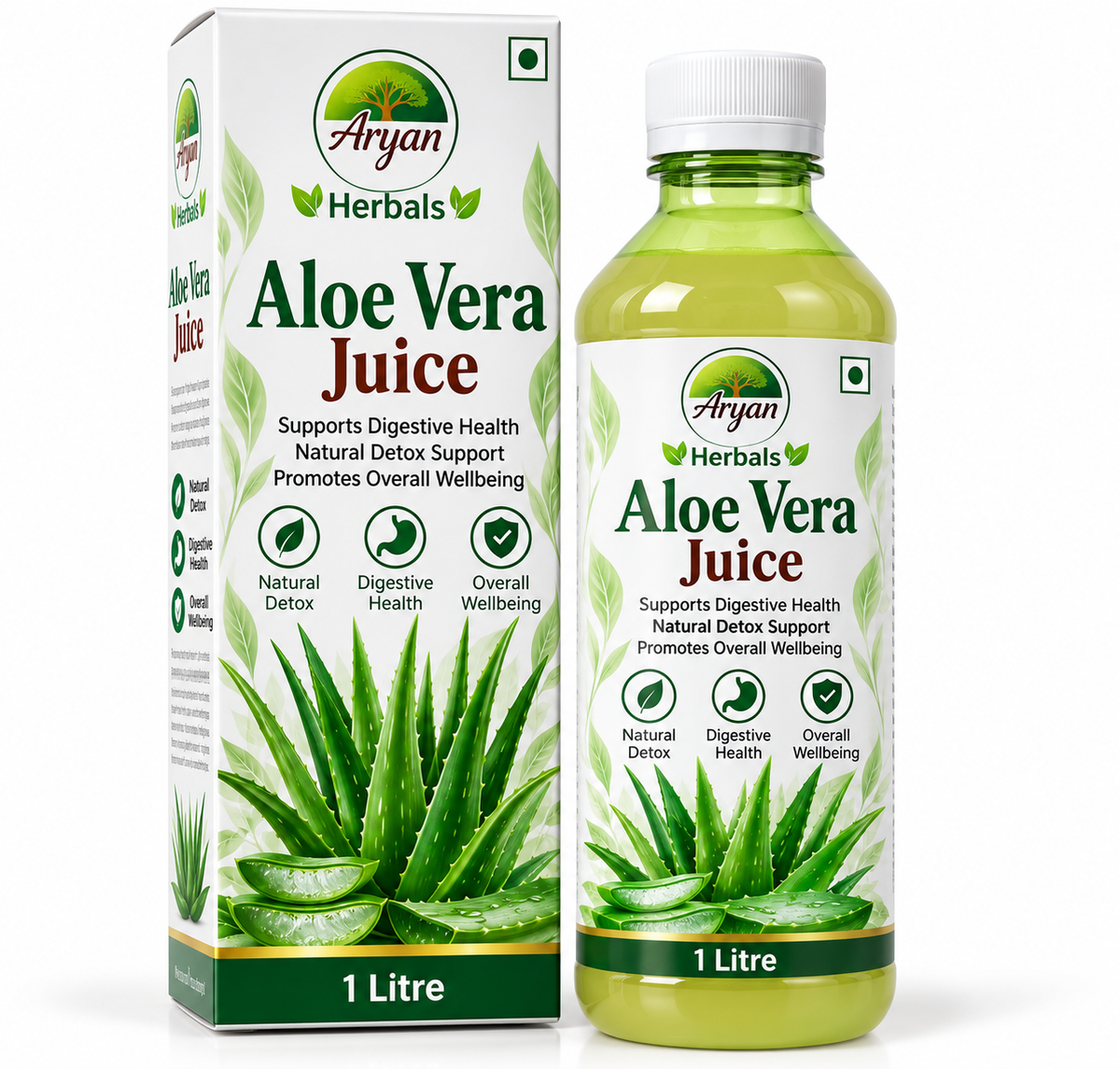 Aryan Herbals Aloe Vera Juice 1 litre featuring a white and green carton with a matching pale-green juice bottle, fresh aloe vera leaves, sliced aloe vera gel, botanical illustrations, and Aryan Herbals branding.