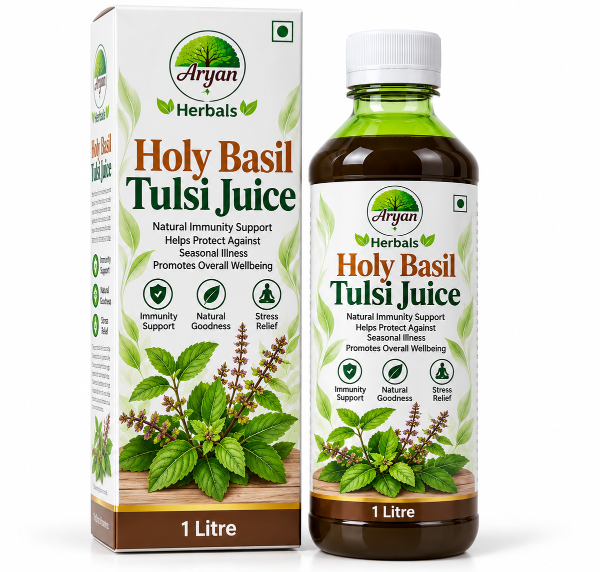 Aryan Herbals Holy Basil Tulsi Juice 1 litre featuring a white and green carton with a matching dark herbal juice bottle, fresh tulsi leaves and purple basil flowers, botanical illustrations, and Aryan Herbals branding.