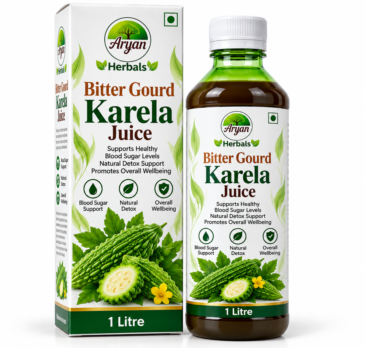 Aryan Herbals Karela Juice 1 litre featuring a white and green carton with a matching dark herbal juice bottle, fresh green bitter gourd, cut karela, leafy botanical illustrations, and Aryan Herbals branding.