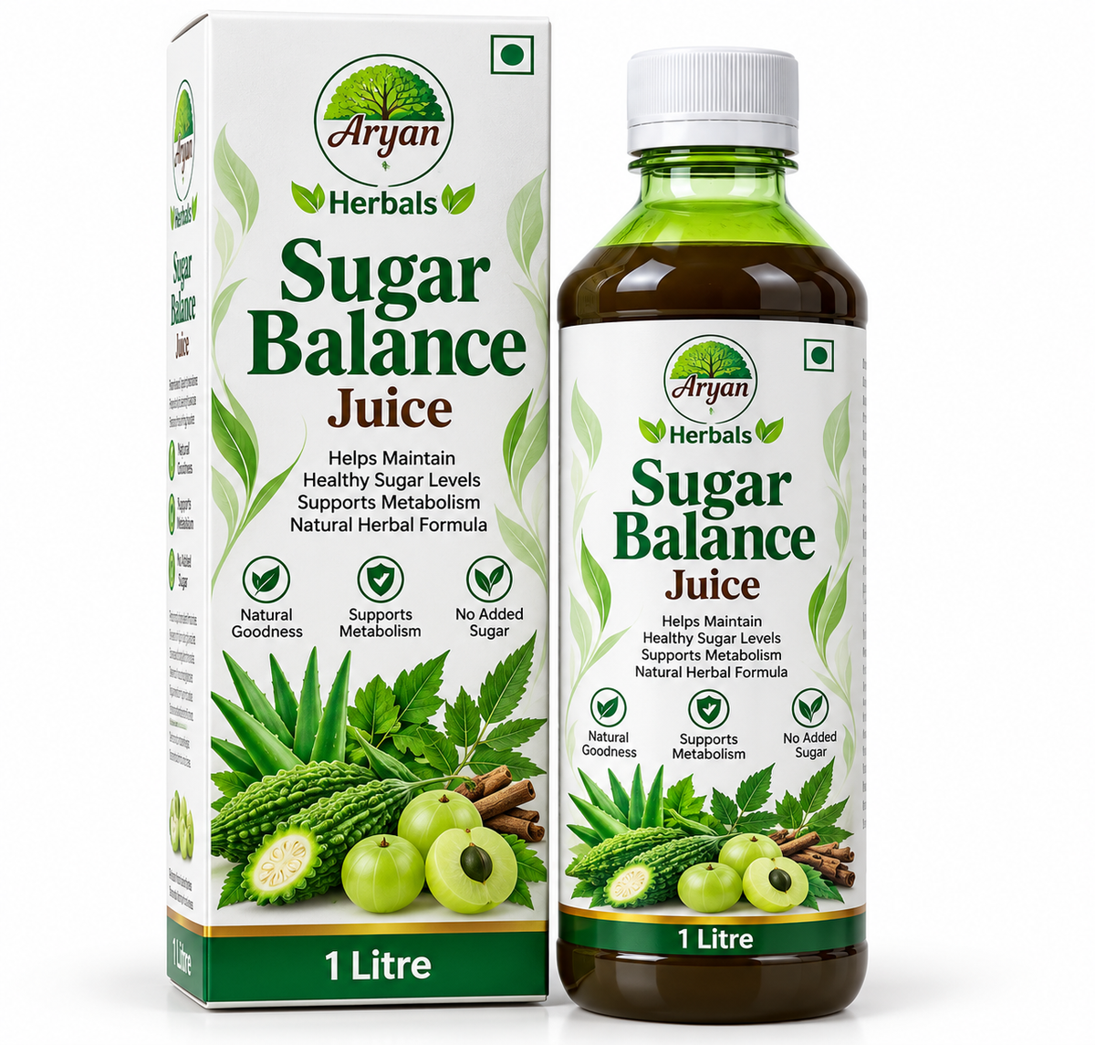 Aryan Herbals Sugar Balance Juice 1 litre featuring a white and green carton with a matching dark herbal juice bottle, botanical illustrations of bitter gourd, amla and aloe vera, and Aryan Herbals branding.