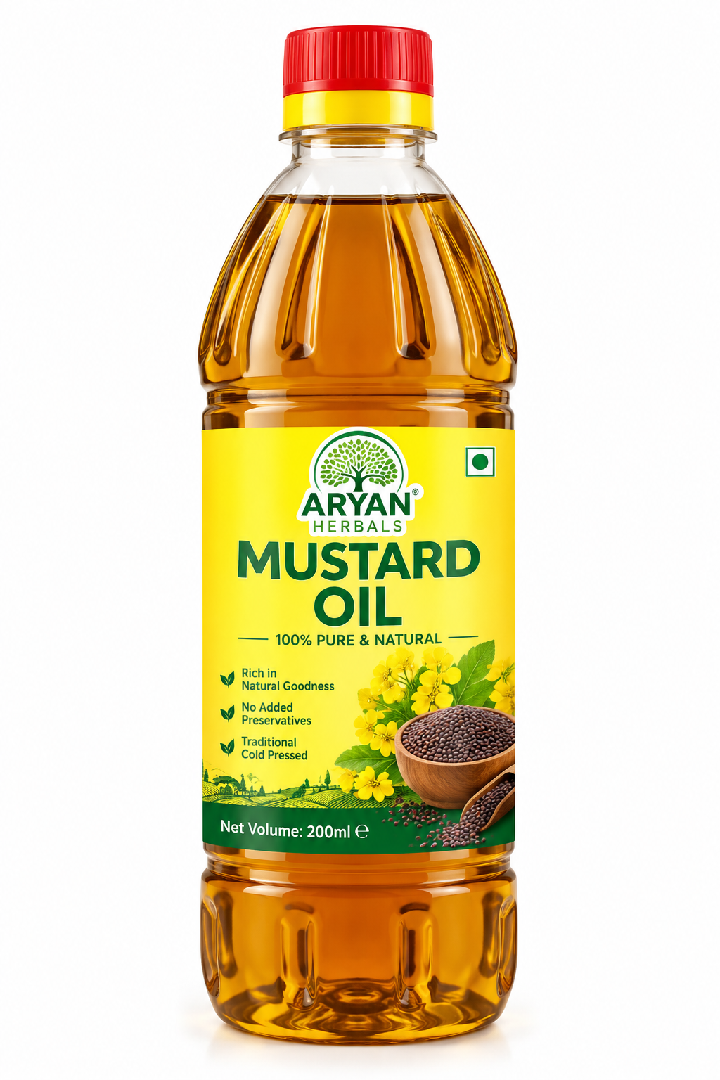 Aryan Herbals Mustard Oil 200ml bottle featuring a yellow label with red and green accents, amber mustard oil, Aryan Herbals tree logo, and mustard flower and seed illustrations.