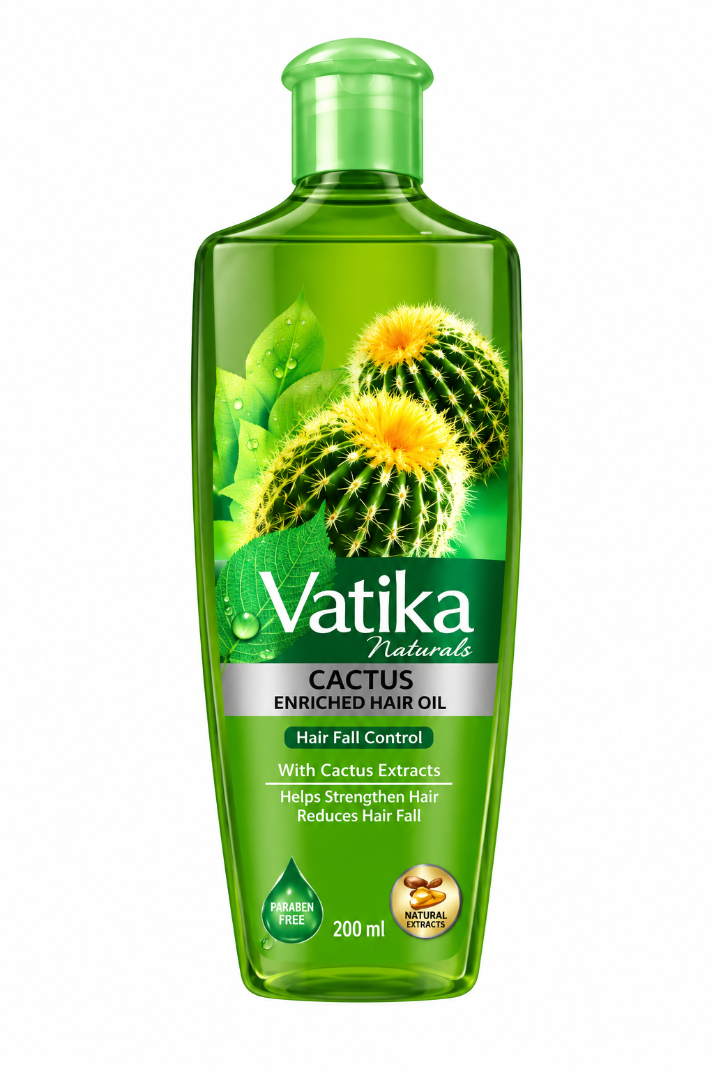 Vatika Naturals Cactus Enriched Hair Oil 200ml green bottle featuring a transparent green design, cactus plants with yellow flowers, and botanical leaf illustrations on the front label. The bottle displays the Vatika Naturals branding and identifies the product as cactus-enriched hair oil for hair fall control, with cactus extracts to help strengthen hair and reduce hair fall. Shown upright against a clean white background