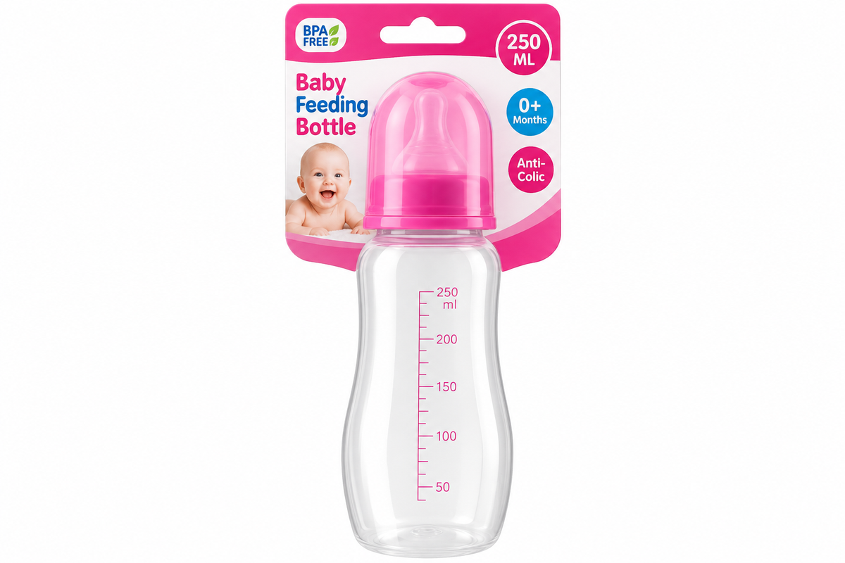Baby feeding bottle 250ml in pink and white hang-pack packaging with a clear bottle, pink protective cap, measurement markings and colourful product labels.
