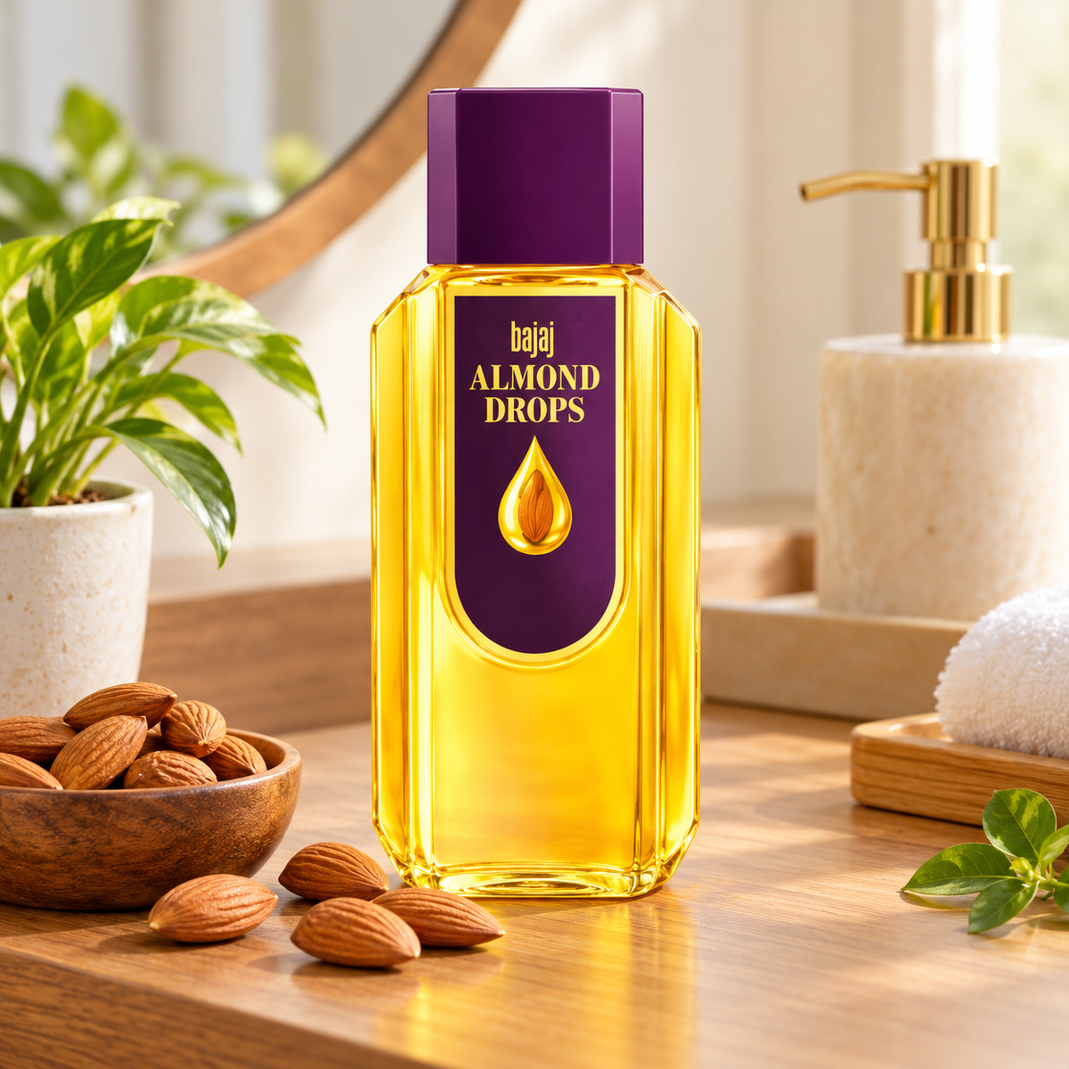 Bajaj Almond Drops hair oil bottle with golden-yellow oil and a deep purple cap displayed on a wooden vanity beside a bowl of almonds, a green houseplant and soft towels in a bright, elegant bathroom setting, ideal for a hair care and personal care product listing.