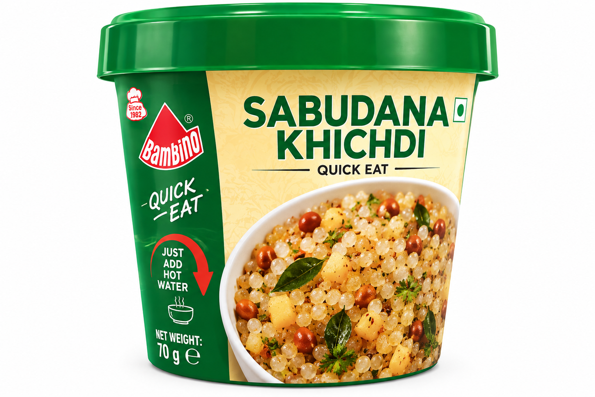 Bambino Quick Eat Sabudana Khichdi 70g instant meal cup featuring green and cream packaging, a green lid, and an image of sabudana pearls with peanuts, potatoes, curry leaves, and herbs.
