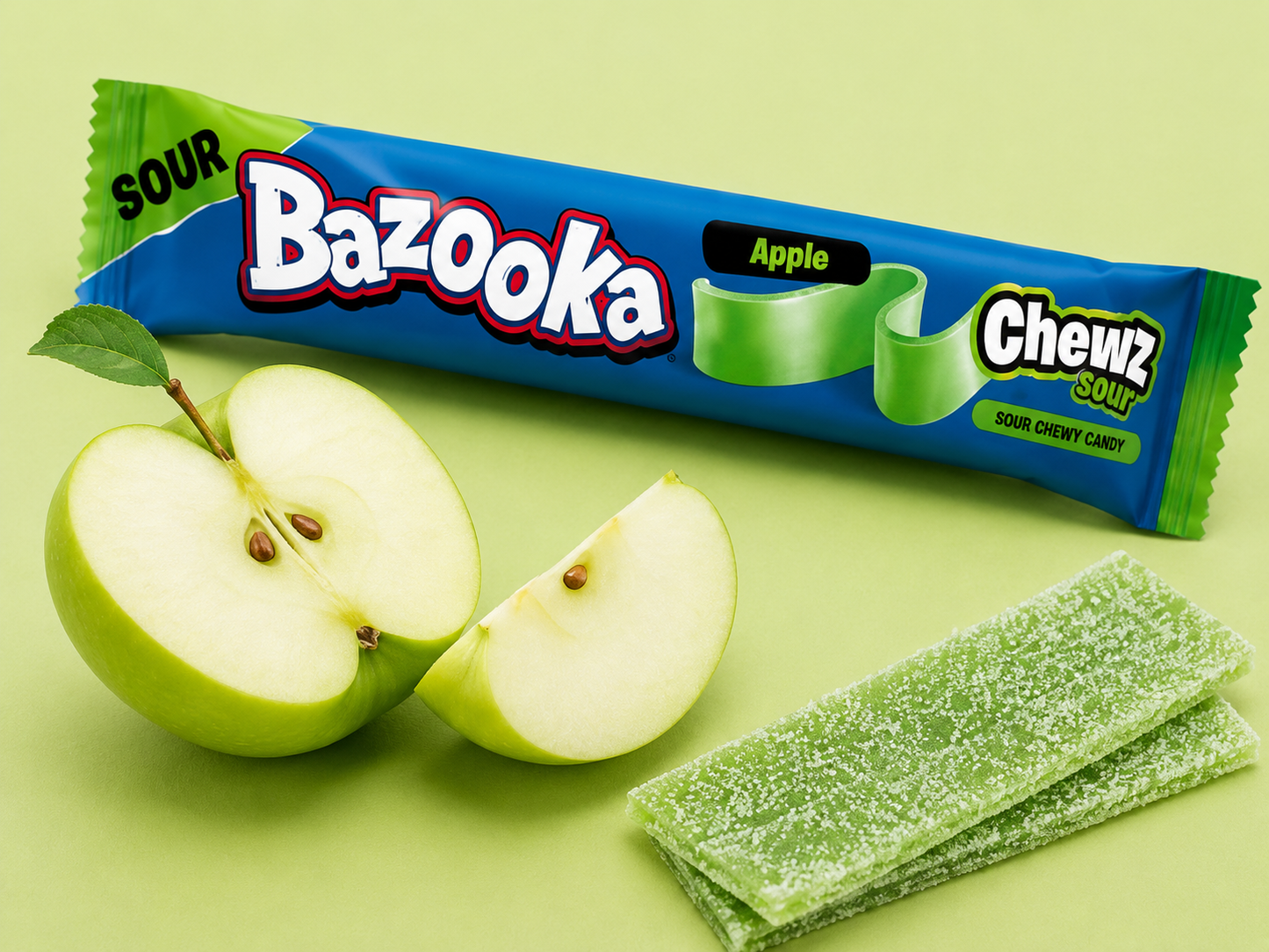 Bazooka Sour Chewz Apple chewy candy bar with fresh green apple slices and sour apple candy strips.