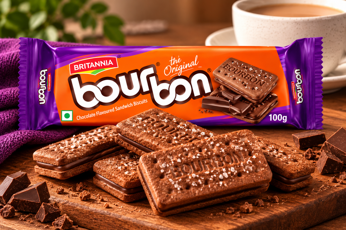Britannia Bourbon 100g chocolate sandwich biscuits packet displayed with chocolate-filled biscuits, chocolate pieces and a cup of tea.