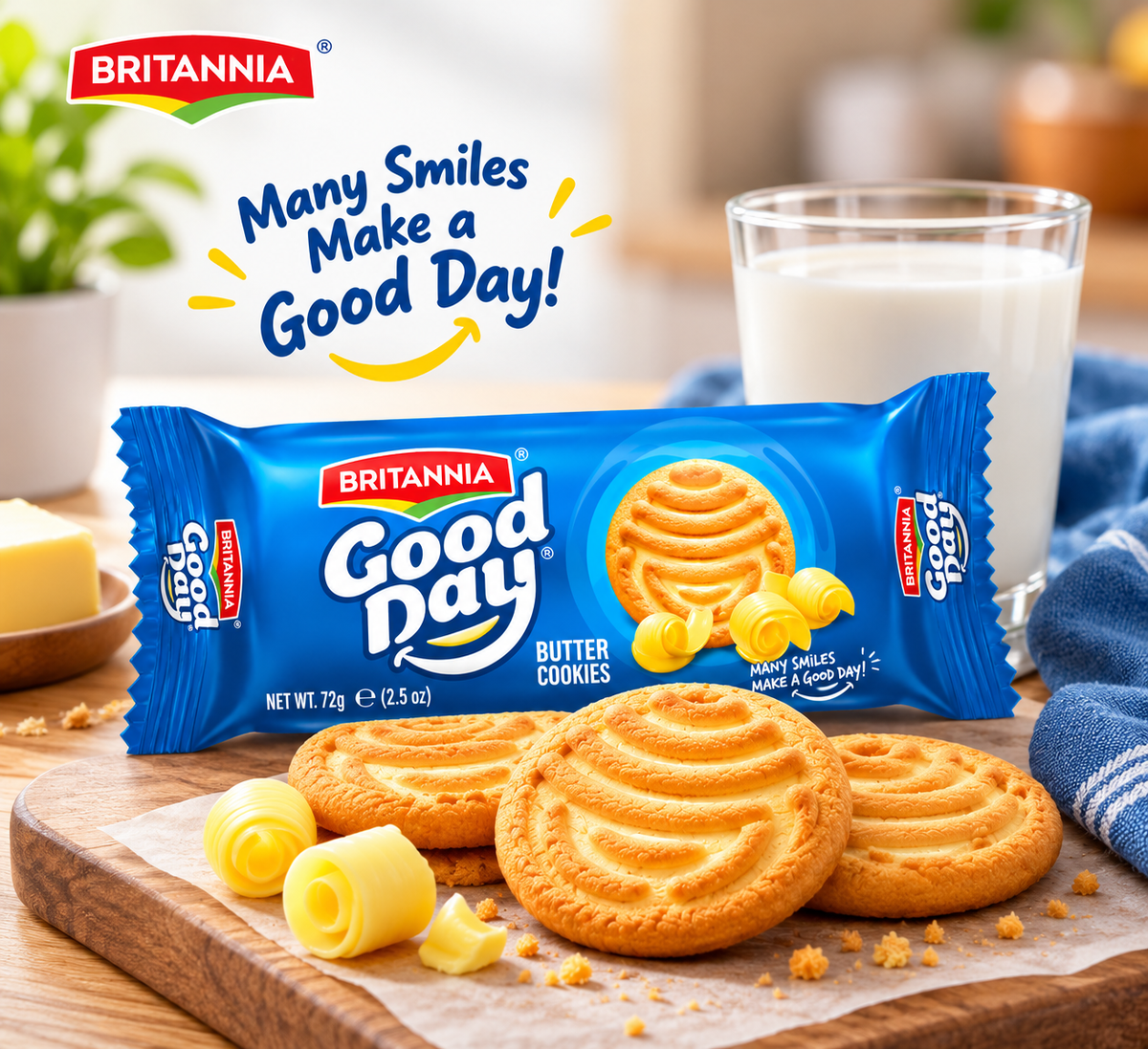 Britannia Good Day Butter Cookies 72g pack displayed with golden cookies, butter curls and a glass of milk on a wooden board with a blue cloth.