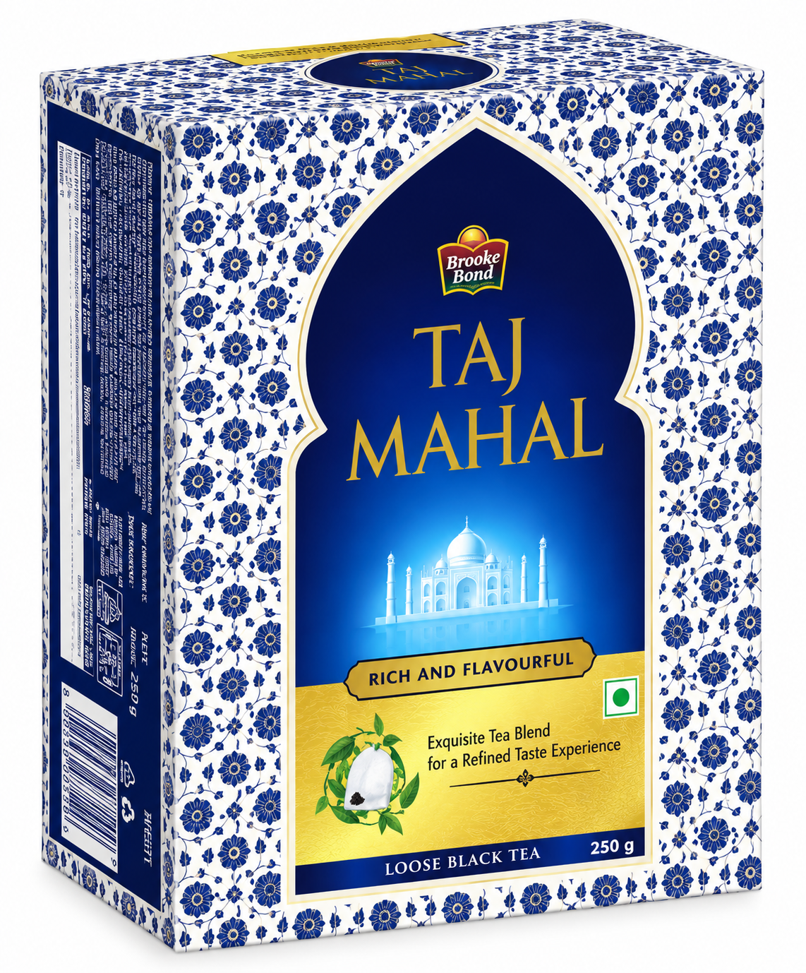 Brooke Bond Taj Mahal Tea 250g box featuring elegant blue and white floral-patterned packaging, a deep blue and gold Taj Mahal logo panel, and an illustration of the Taj Mahal monument. The front displays the rich and flavourful tea blend design, ideal for Shopify grocery product listings and online tea shopping.