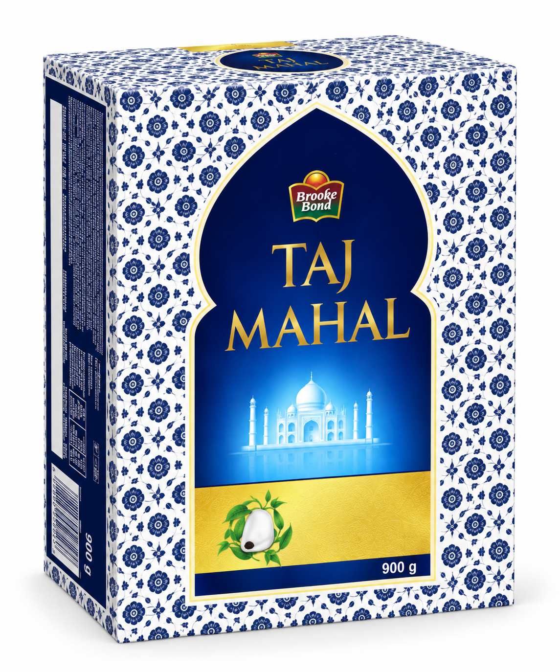 Brooke Bond Taj Mahal Tea 900g box featuring elegant blue and white floral-patterned packaging, a deep navy-blue arched panel with gold Taj Mahal lettering, and an illuminated Taj Mahal illustration. The tea carton is displayed at an angle against a clean white background, showing the ornate packaging and side panel.