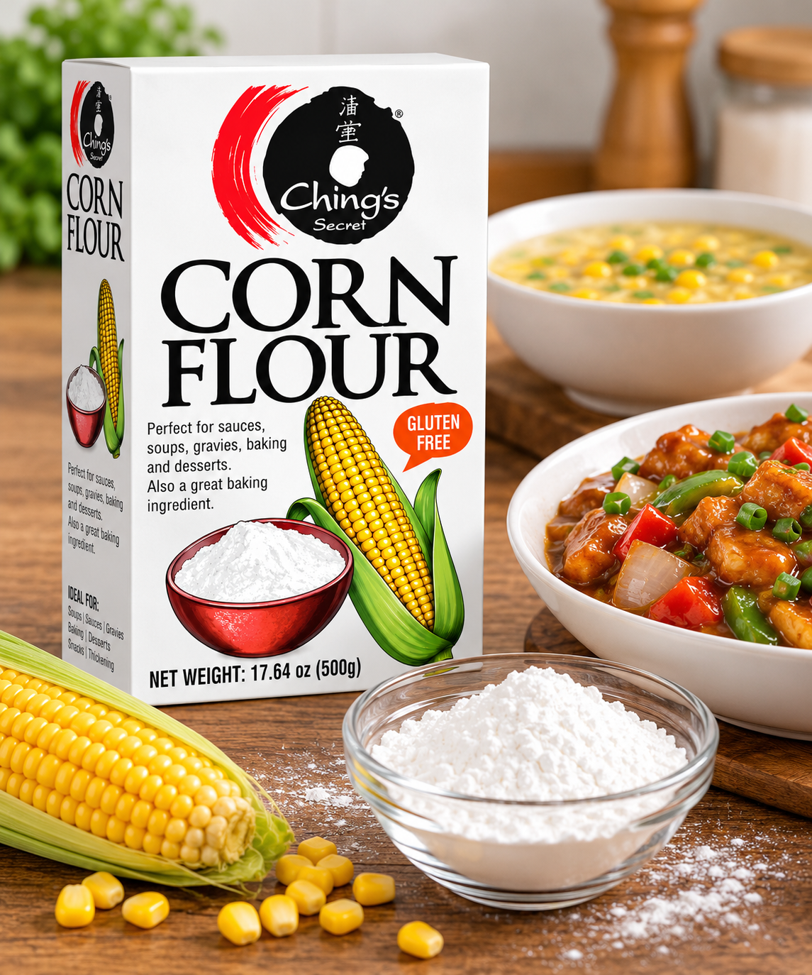 Ching’s Secret Corn Flour 500g box displayed on a wooden kitchen countertop beside a glass bowl of white corn flour, fresh corn on the cob, loose corn kernels, a bowl of sweet corn soup and a plate of vegetable stir-fry.